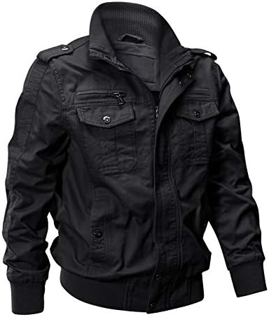 EKLENTSON Chaquetas militares de algodón ligero con múltiples bolsillos con cremallera frontal y cuello alto para hombre