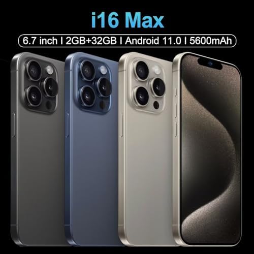 I16 Max Desbloqueado Cell Phone, 2GB+32GB Expandable 256GB, 6.7Inch HD Touch Screen, Tempered Glass Finish, 5600mAh Android 11 Smartphone, Dual SIM, Face Unlock,Gold