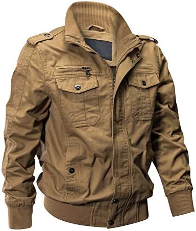 EKLENTSON Chaquetas militares de algodón ligero con múltiples bolsillos con cremallera frontal y cuello alto para hombre