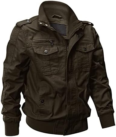 EKLENTSON Chaquetas militares de algodón ligero con múltiples bolsillos con cremallera frontal y cuello alto para hombre