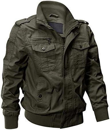 EKLENTSON Chaquetas militares de algodón ligero con múltiples bolsillos con cremallera frontal y cuello alto para hombre