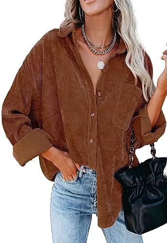 JOCAFIYE Camisa de pana para mujer casual manga larga con botones chaqueta otoño blusas de gran tamaño Tops 2024