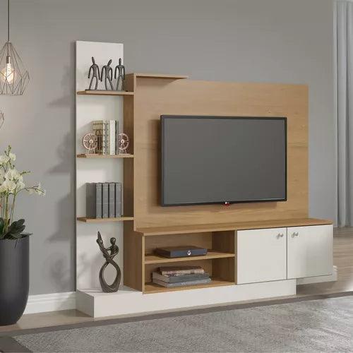 Rack Para Tv Hasta 55" Panel Aéreo Con Puertas Marrón y Blanco - Tienda Universo