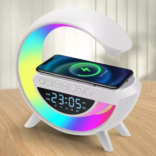 Cargador Inalambrico 5 En 1 Rgb Con Reloj Despertador Radio Fm Usb