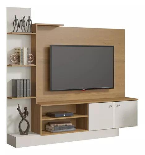 Rack Para Tv Hasta 55" Panel Aéreo Con Puertas Marrón y Blanco - Tienda Universo