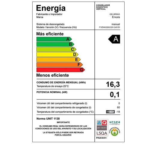 Freezer Vertical ENXUTA 60L con 2 Canastos y 1 Estante, Puerta Rebatible, Eficiencia A - Tienda Universo