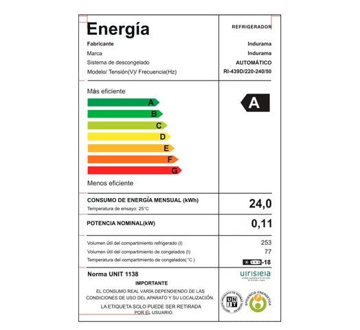 Refrigerador INDURAMA 439D Inox 356L Frío Seco, Sistema No Frost, Dispensador de Agua, Puerta Rebatible, Eficiencia Energética A - Tienda Universo