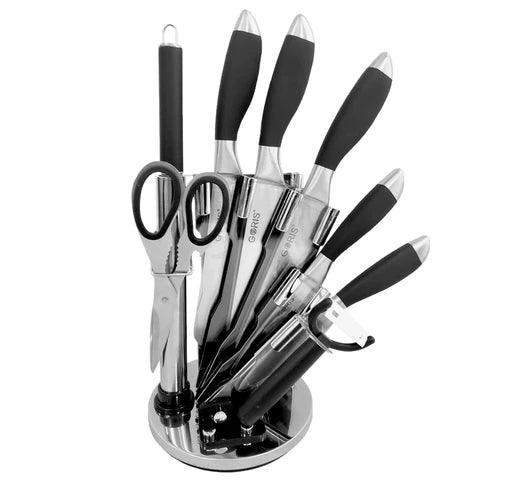 Set de Cocina Profesional 9 Piezas en Acero Inoxidable con 5 Cuchillos, Afilador, Pelador y Tijera + Soporte de Acrilico - #𝑼𝑺𝒉𝒐𝒑